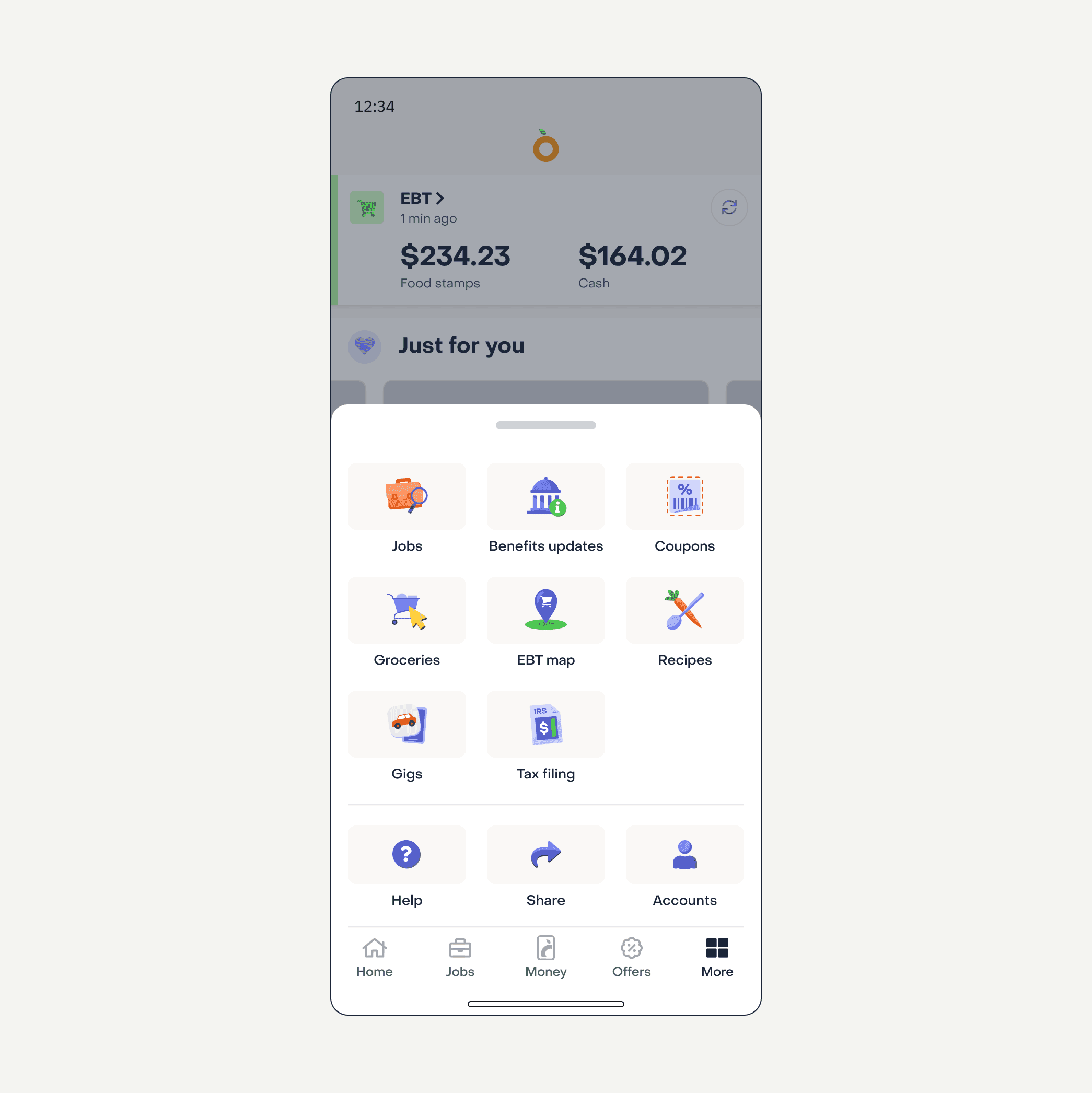 Mockup of Propel's global bottom menu showing a grid of features