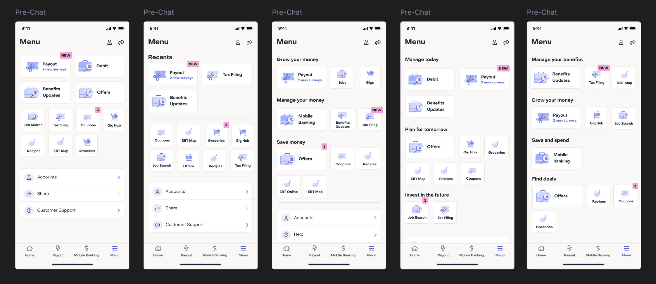 examples of explorations of different ways to organize a menu