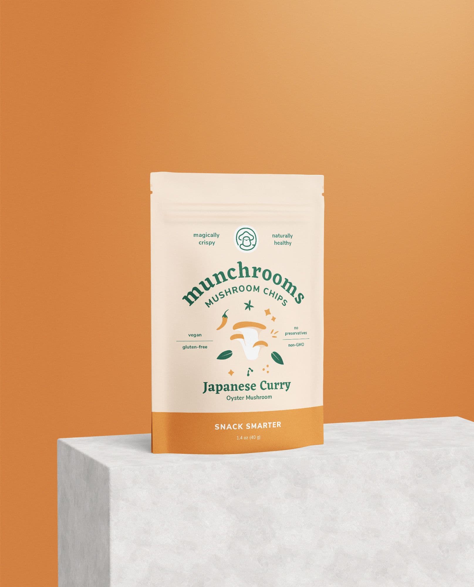munchrooms curry flavor packaging on marble counter