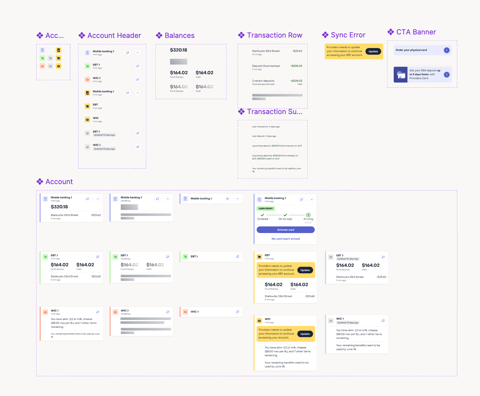 design workspace showing different variations of home page components