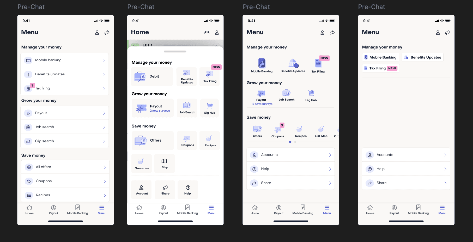 different explorations of menu UIs