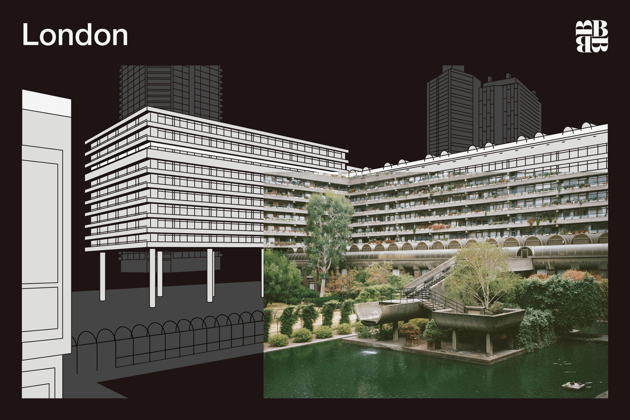 Postcard showing an architectural drawing of the Barbican Centre with a photo overlaid