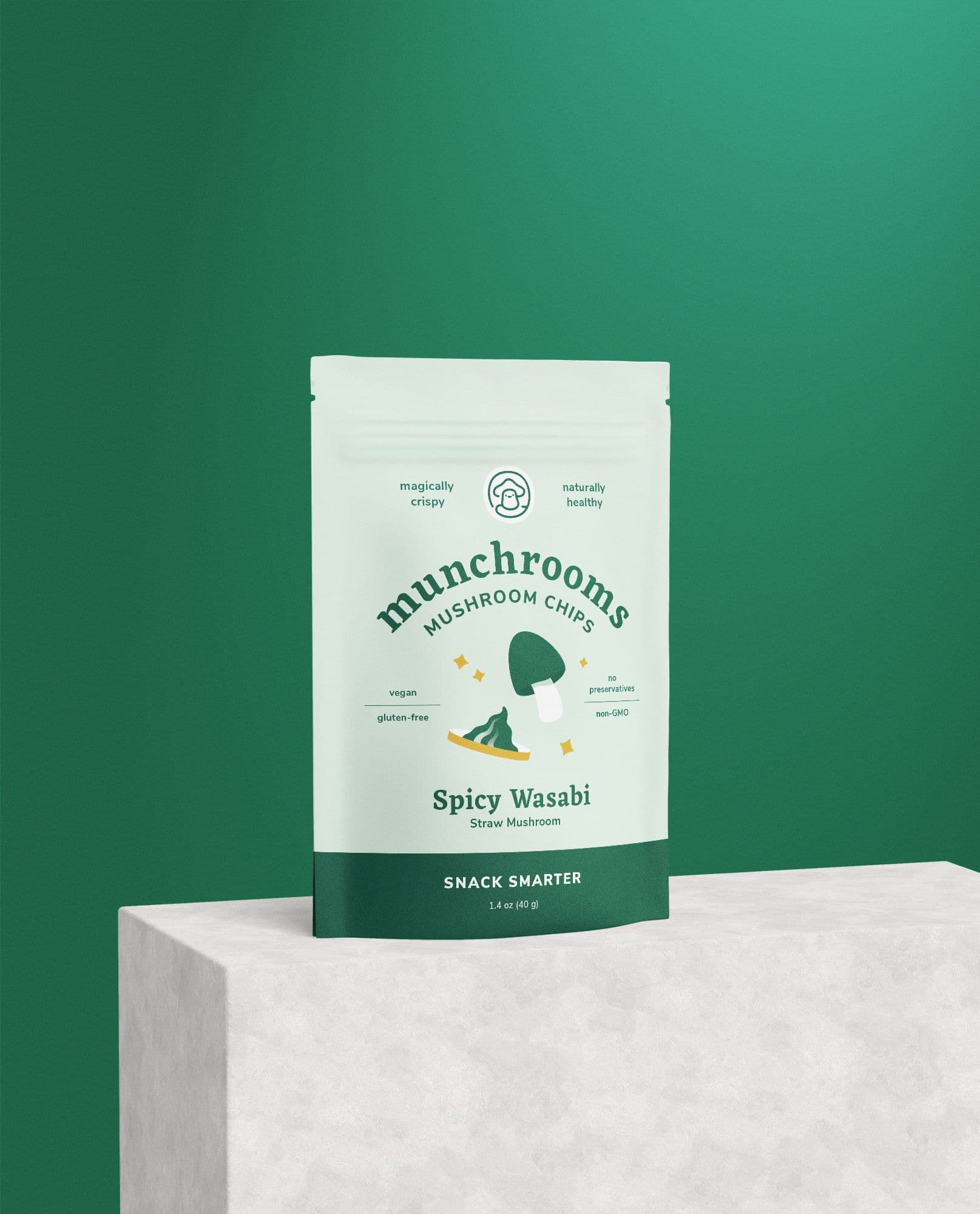 munchrooms wasabi flavor packaging on marble counter