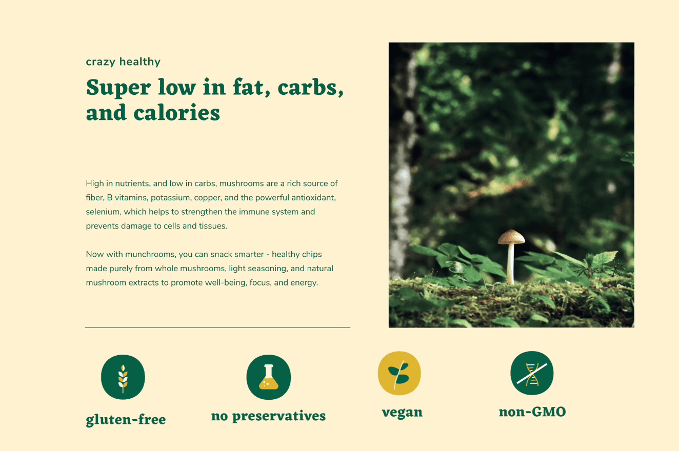 website screenshot highlighting nutritional benefits of munchrooms